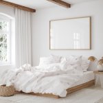 Mockup frame in bedroom interior background, Coastal boho style,